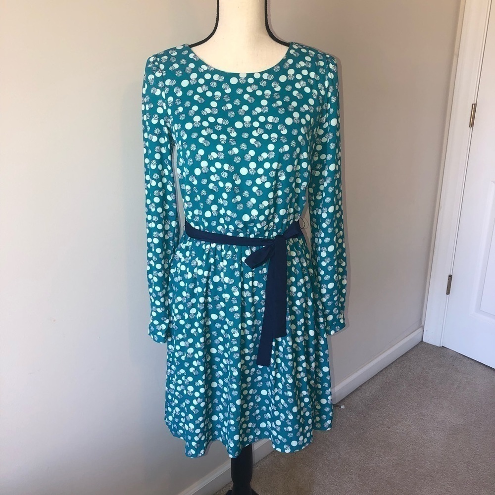 Kit and Sky Abstract Polka Dot Print Blue Dress Size XS Long Sleeve Tie Belt